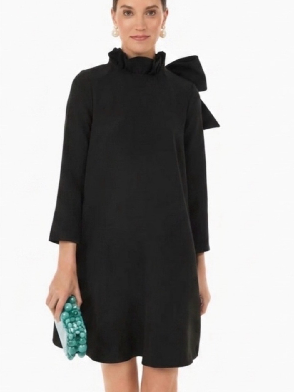 Tuckernuck Black Ruffle-Neck Bow-Shoulder Long-Sleeve Dress